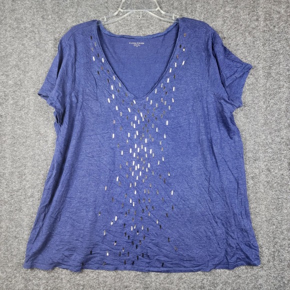 Eileen Fisher Tops - Eileen Fisher Linen Top Woman 1X Blue V-Neck Sequin Embellished Short Sleeve